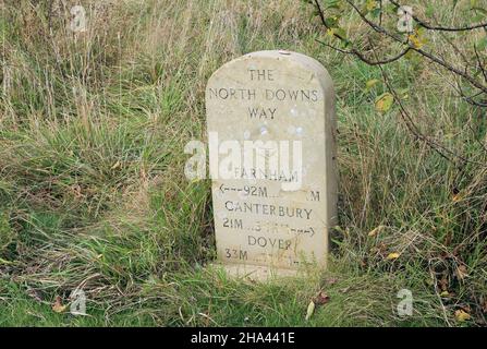 Waymarker for North Downs Way above Lenham on the Kent Downs AONB near Maidstone in Kent, England, United Kingdom Stock Photo