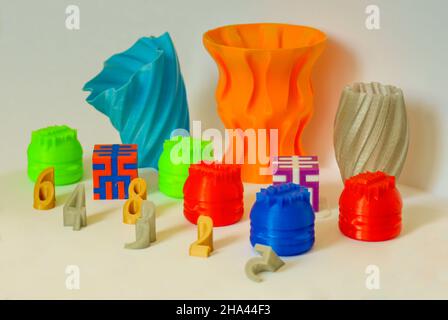 Models printed by 3d printer. Colorful objects printed 3d printer Stock Photo