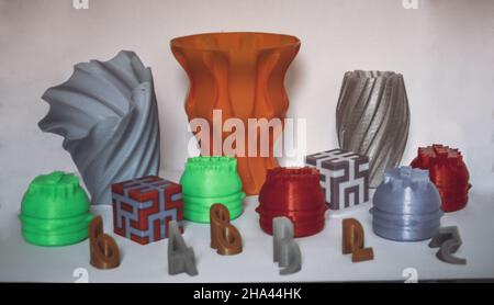 Models printed by 3d printer. Colorful objects printed 3d printer Stock Photo