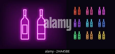 Outline neon wine bottle icon. Glowing neon wine shop sign, alcohol drink pictogram in vivid color. Winery, premium wine exhibition, wine cellar and d Stock Vector