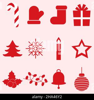 Simple red new year icons isolated on light background Stock Vector