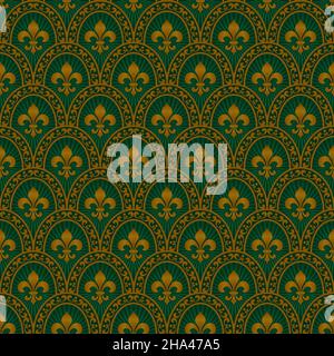 Fleur De Lys Seamless Pattern. Vector background in gold and green color. Stock Vector