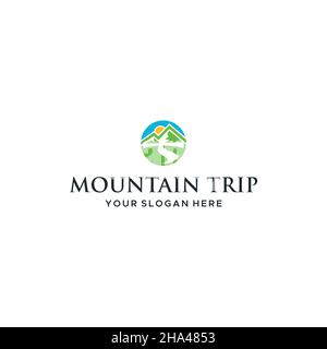Modern MOUNTAIN TRIP circle sunrise Logo design Stock Vector