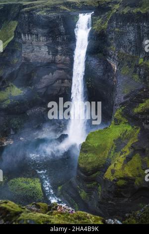 dramatic close up of haifoss waterfall in landmannalaugar canyon,iceland. Stock Photo