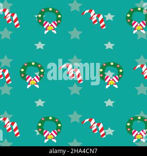 The pair of candy canes with christmas wreath on the mint background Stock Vector