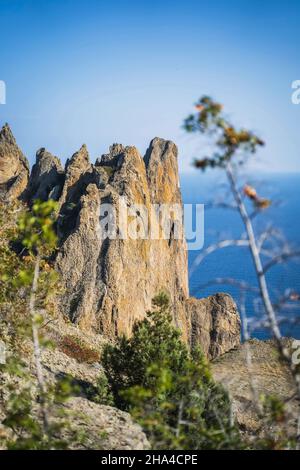 sheer cliffs near the sea of the volcanic formation karadag in koktebel crimea. Stock Photo