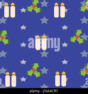 The pair of candle with holly on the blue background Stock Vector