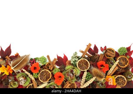 Harvest festival, Autumn and Thanksgiving background border.  Composition for Fall with l natural nature symbols, leaves, flowers, fruit, nuts & spice. Stock Photo