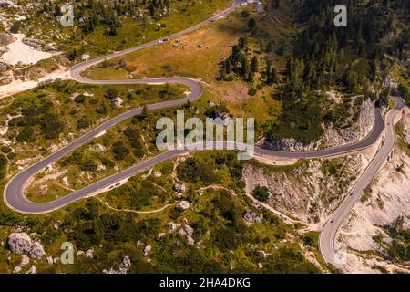 Aerial view of Passo Falzarego in the Italian Dolomites Stock Photo