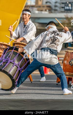 Traditional taiko drummers during a competition in Tokyo, Japan Stock Photo