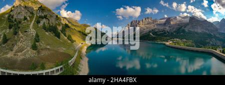 Aerial Panoramic view of Lago di Fedaia in Italy Stock Photo