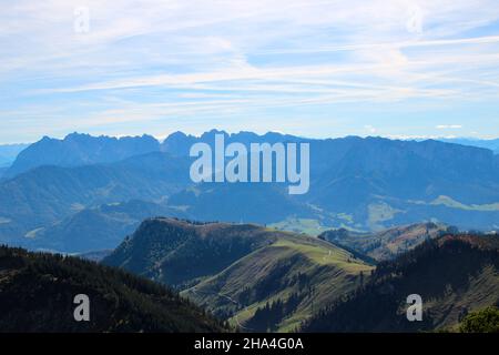 view from geigelstein (1808m) towards wilder kaiser,zahmer kaiser,nature reserve,aschau im chiemgau,upper bavaria,bavaria,germany,sachrang, Stock Photo