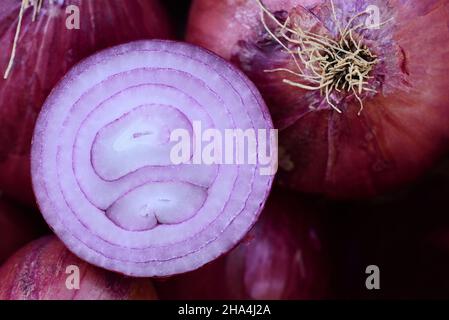 A red ripe onion lies cut open on closed onions. You can see the onion rings Stock Photo