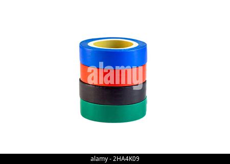 Red, green and blue adhesive insulating electrical tape reels stack isolated on white background. Stock Photo