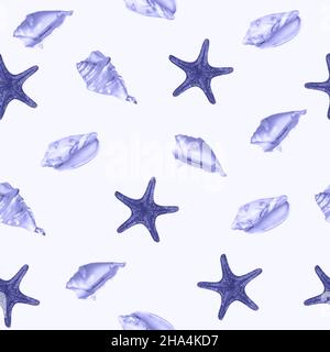 Top view flat lay starfish and seashell seamless pattern on light blue Very Peri background. Stock Photo