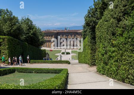 the boboli gardens park (giardino di boboli),fountain of neptune and a distant view on the palazzo pitti,in english sometimes called the pitti palace,in florence,italy. popular tourist attraction and destination. Stock Photo