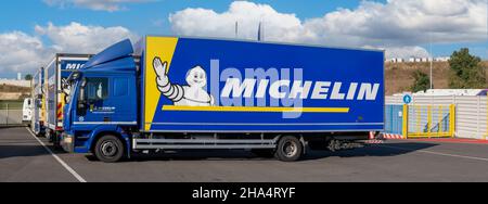 Vallelunga, italy september 18th 2021 Aci racing weekend. Michelin truck tire transport with logo name against blue sky Stock Photo