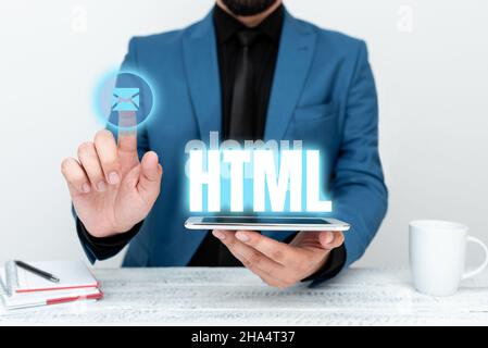 Text caption presenting Html. Business overview the lingua franca for publishing hypertext on the World Wide Web Presenting Communication Technology Stock Photo