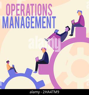 Conceptual display Operations Management. Internet Concept ensure Inputs to Output the Production and Provision Four Teammates Drawing Sitting Gears Stock Photo