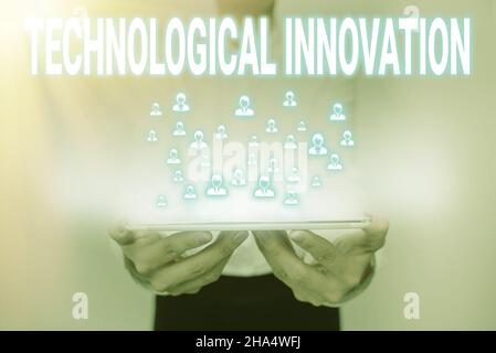 Text showing inspiration Technological Innovation. Conceptual photo New Invention from technical Knowledge of Product Lady In Uniform Standing Holding Stock Photo