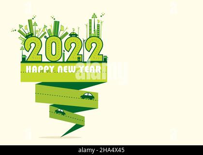 Happy new year 2022 greeting design with eco-friendly city concept Stock Vector