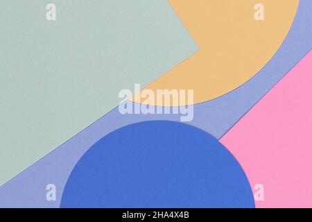 Abstract colored paper texture background. Minimal geometric shapes and lines in pastel blue, light green, purple, yellow, pink colors Stock Photo