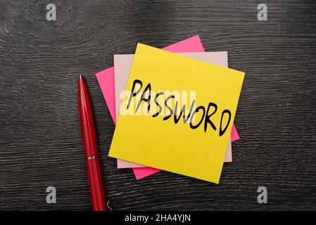 Text sign showing Password. Word Written on secret word phrase must used gain admission to place or network New Ideas Fresh Concept Creative Stock Photo