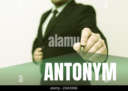 Sign displaying Antonym. Business concept word or phrase whose meaning is the opposite of another word Presenting New Plans And Ideas Demonstrating Stock Photo