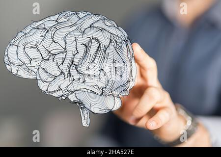 Hand touching an artificial brain; the concept of AI Stock Photo