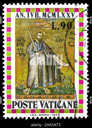 MOSCOW, RUSSIA - NOVEMBER 4, 2021: Postage stamp printed in Vatican shows Saint Paul, Holy Year serie, circa 1974 Stock Photo