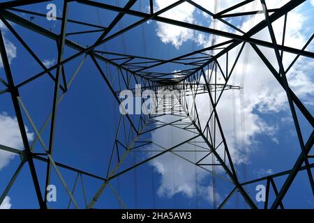 germany,bavaria,lower bavaria,landshut,high voltage line,power pole,low angle view Stock Photo