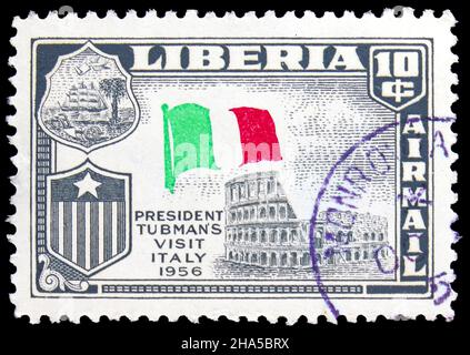 MOSCOW, RUSSIA - NOVEMBER 4, 2021: Postage stamp printed in Liberia shows In Italy, European visits of President Tubman serie, circa 1958 Stock Photo