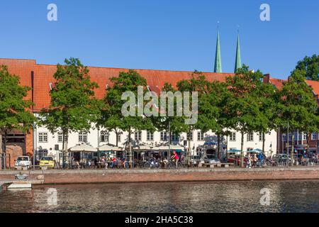 historic houses on the obertrave with luebeck cathedral,luebeck,schleswig-holstein,germany,europe Stock Photo