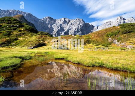 idyllic mountain landscape with a small pond in front of steep rocky mountains above the erstfeldertal near the kröntenhütte on a sunny day in autumn. uri alps,switzerland,europe. Stock Photo