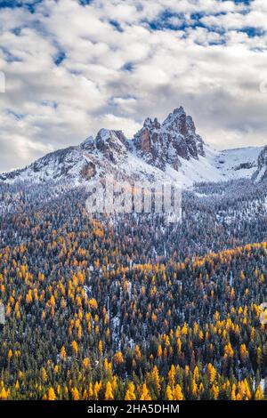 autumn view of croda da lago north face with snow and yellow larches,dolomites,cortina d'ampezzo,belluno,veneto,italy Stock Photo