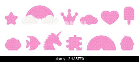 Set of pink popit shapes - birthday, crown, rainbow, heart, star, unicorn, cake. Pop it a trendy pastel fidget toys. Addictive anti stress toy in colo Stock Vector