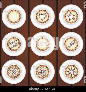 Set of coffee cups on wooden background, vector illustration Stock Vector