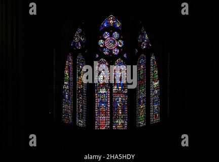 historical,colored stained glass window,chapelle absidiale de sainte therese,side chapel,notre-dame cathedral,unesco world heritage site,reims,champagne,france Stock Photo