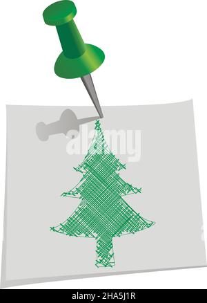 Christmas tree drawn by hand on paper for notes with push pin, vector illustration Stock Vector