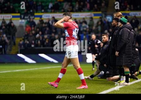 Racing 92's Juan Jose Imhoff celebrates scoring their side's second try of the game during the Heineken Champions Cup match at cinch Stadium at Franklin's Gardens, Northampton. Picture date: Friday December 10, 2021. Stock Photo