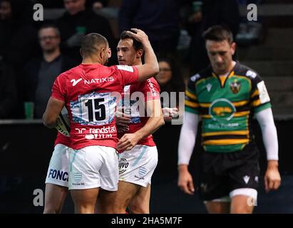 Racing 92's Juan Jose Imhoff (centre) celebrates scoring their side's third try of the game during the Heineken Champions Cup match at cinch Stadium at Franklin's Gardens, Northampton. Picture date: Friday December 10, 2021. Stock Photo