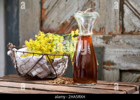 working steps with fennel and fennel seeds for the preparation of fennel syrup,wire basket with fennel flowers and weck bottle with fennel syrup on a wooden table in front of an old wooden door Stock Photo