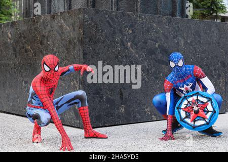 two teenagers in spiderman costumes,the high line,chelsea,manhattan,new york city,new york,usa Stock Photo