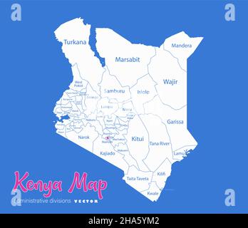 Kenya map, administrative divisions whit names regions, blue background vector Stock Vector