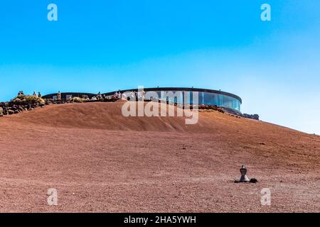 restaurant and viewing platform el diablo,designed by césar manrique,artist from lanzarote,timanfaya national park,parque nacional de timanfaya,montanas del fuego,lanzarote,canaries,canary islands,spain,europe Stock Photo