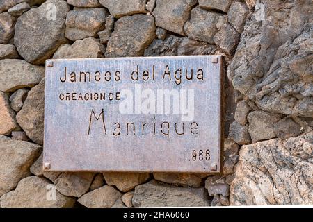sign,jameos del agua,art and cultural site,built by césar manrique,spanish artist from lanzarote,1919-1992,lanzarote,canaries,canary islands,spain,europe Stock Photo