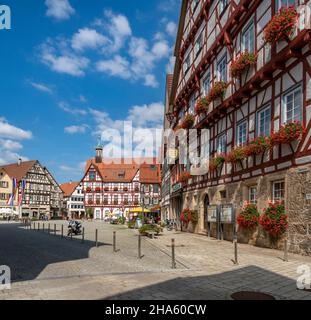 market square with half-timbered houses from the 15th and 16th centuries. view from the alten oberamt over the market square to the town hall,bad urach,baden-wuerttemberg,germany Stock Photo