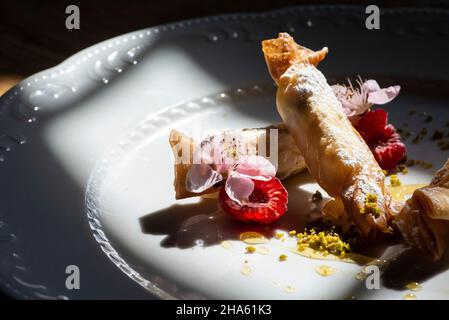 italy,trentino-south tyrol,alto adige,south tyrol,meran,district community burggrafenamt,algund,district forst,luis haller,castle host,baked apple strudel parfait with sour cream puma and warm forest honey Stock Photo