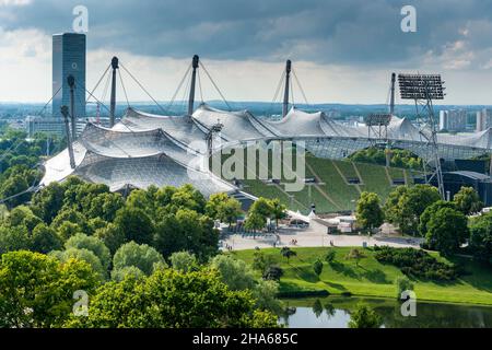 olympiastadion seen from the olympiaberg,behind it you can see the o2-tower Stock Photo