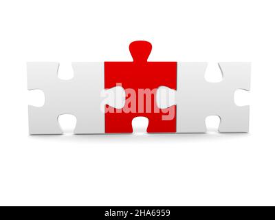 Three jigsaw puzzle pieces connected on white background. Teamwork or ...